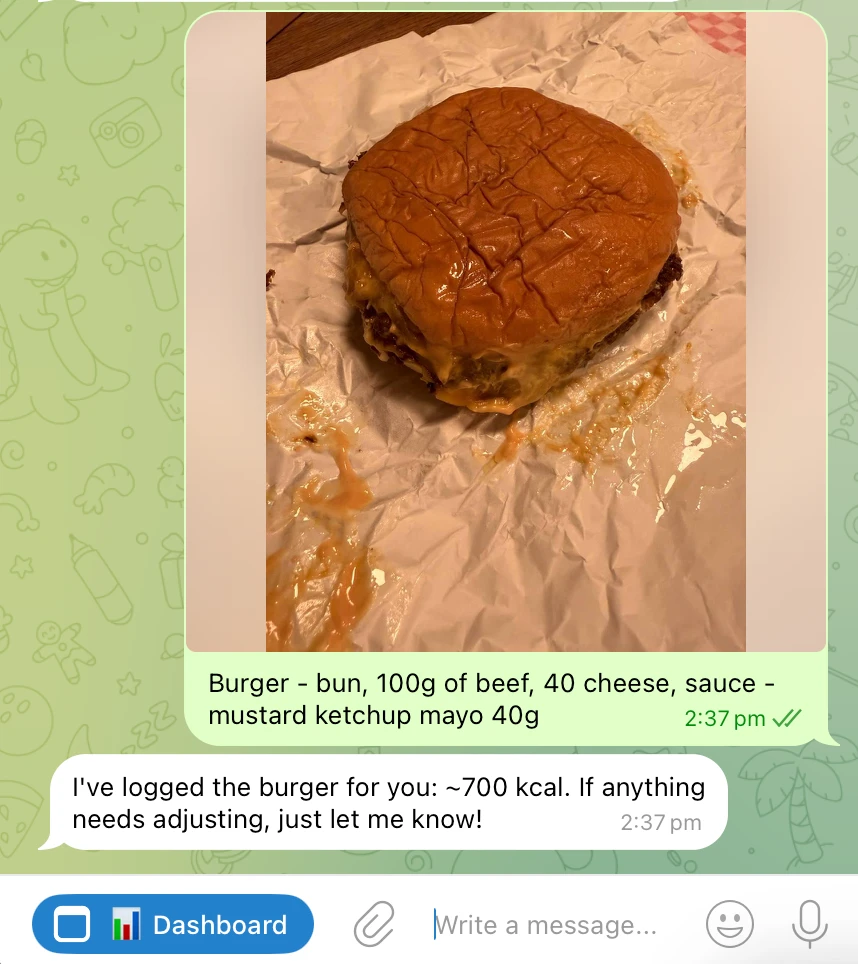 Snap a meal photo in the chat — Nutrika logs the calories